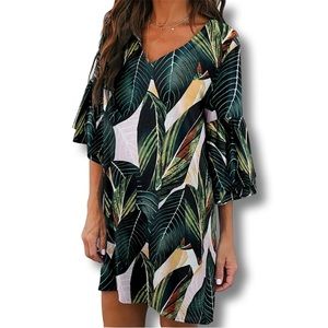 BELONGSCI Green Jungle Print Shift Midi Dress